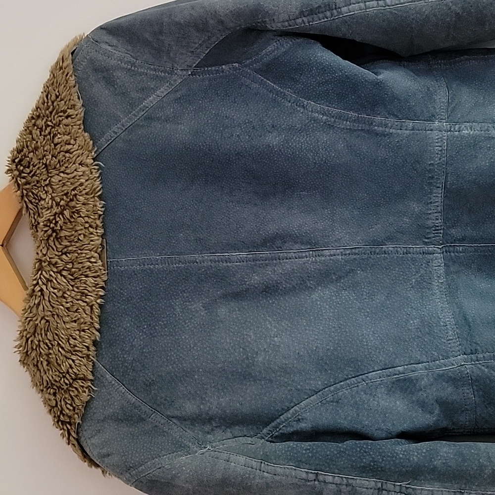 Guess Y2K Denim Effect Blue Leather Suede Penny Lane Jacket Faux Fur Trim M Firm - Picture 8 of 10